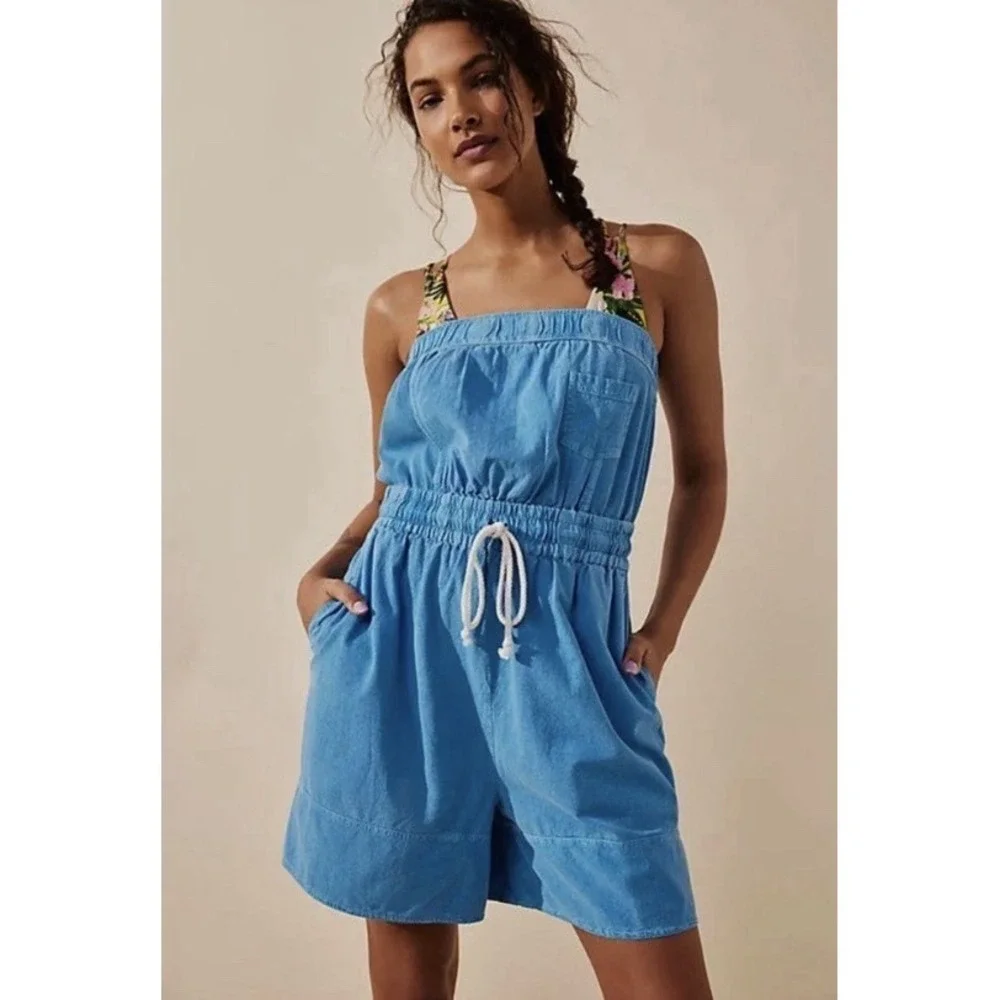 Free People Beach Strapless Akoi Romper Size Small Light Blue Color